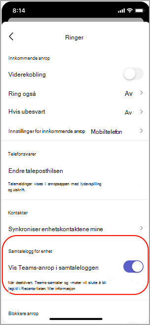 Vis eller skjul Teams-samtaler i samtaleloggen på iOS.