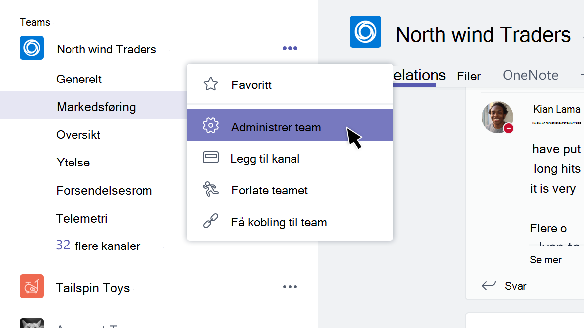 Teammeny når Administrer team er valgt