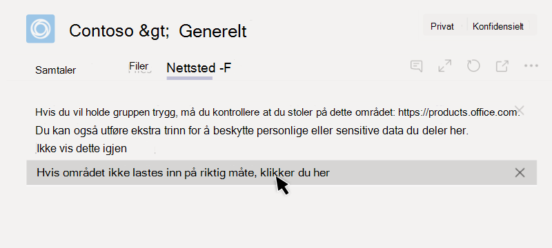 Kan ikke laste inn nettstedet i en fane