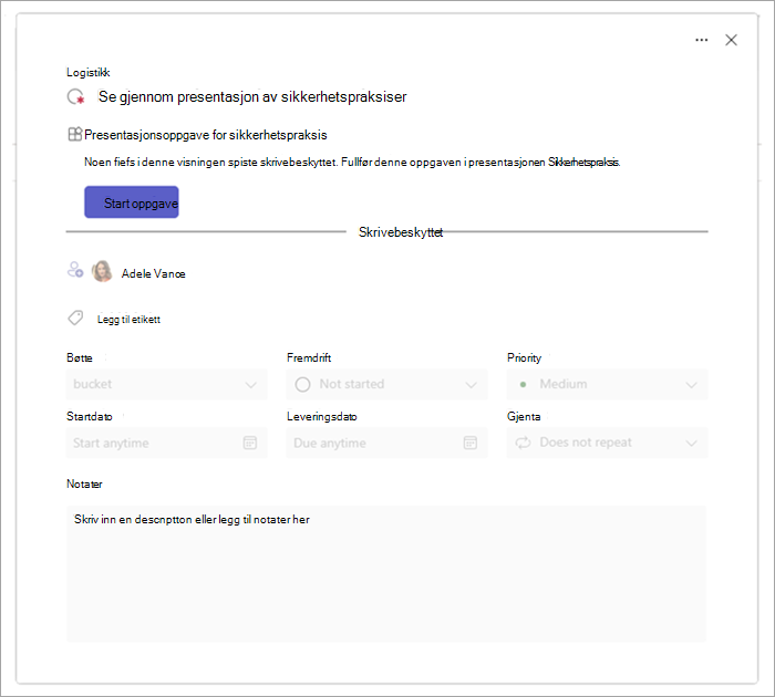 Eksempel på oppgavedetaljsiden for en appdrevet oppgave