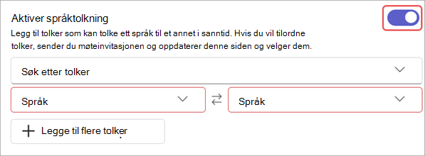 Skjermbilde som viser innstillinger for språktolkning i møtealternativer.
