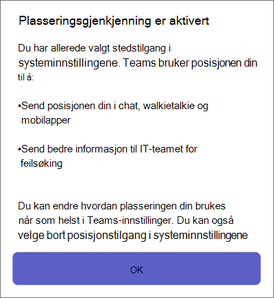 Gjenkjenning av Teams-plassering på mobil
