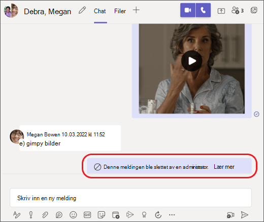 Teams-melding slettet av en administrator