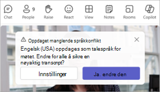 Skjermbilde av et Teams-varsel som ber om å oppdatere talespråket til møtet.