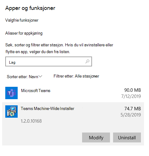 Et trinn i prosessen med å avinstallere Teams fra Windows