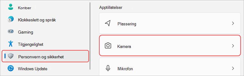 Windows-innstillinger med brukergrensesnittet for kamera uthevet.