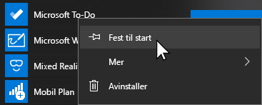 Hurtigmeny for Åpne i Microsoft To Do og Fest for å starte valgt