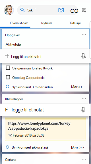 Skjermbilde som viser Oppgaver-kortet i startfeeden