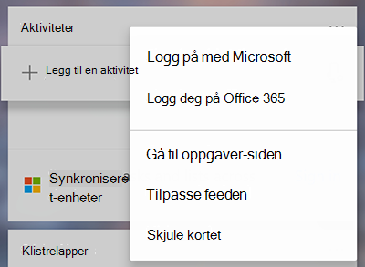 Skjermbilde som viser alternativet for å logge på med Microsoft eller Office 365 i Mer-menyen for oppgavekort