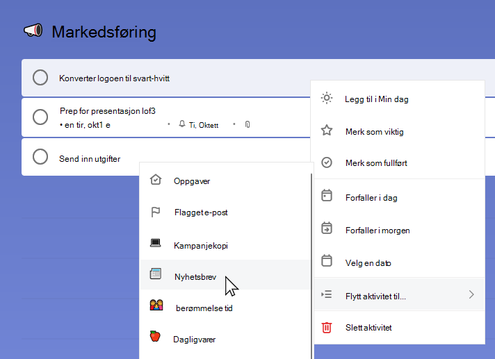 Markedsføringsliste med oppgaven Konverter logo til svart-hvitt valgt og hurtigmenyen åpen. Flytt oppgave til er valgt, og nyhetsbrevlisten er valgt.