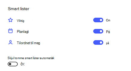 Skjermbilde av smartlister i Innstillinger med Viktig, Planlagt og Tilordnet til meg aktivert og Skjul tomme smartlister automatisk deaktivert.