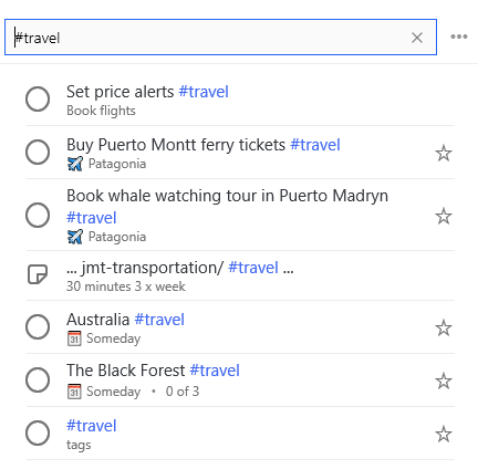 #travel er angitt i søkefeltet, og en liste over alle oppgaver med koden #travel er nedenfor