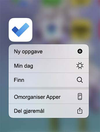 Hurtighandling-menyen for Gjøremål er åpen med alternativet for å legge til Ny oppgave, legge til i Min dag eller Finne en oppgave