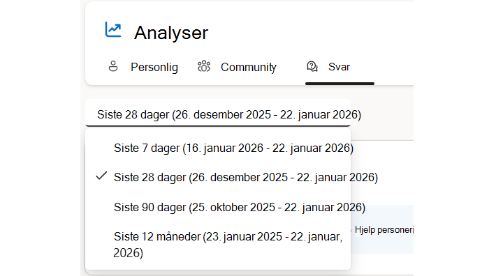 Answers tillater filtrering etter datoområder, inkludert egendefinerte områder hvis lisensiering støtter det.