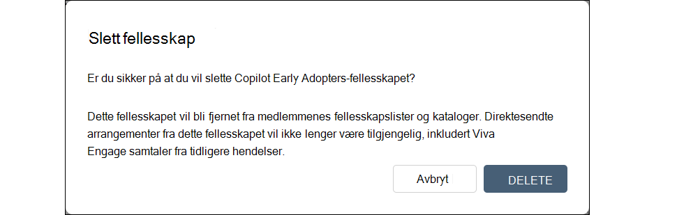 Skjermhette av dialogboksen for å slette et Engage-fellesskap under Innstillinger.
