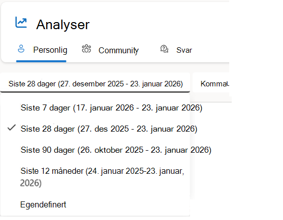 Filtrer personlige analyser etter datointervaller, inkludert et egendefinert filter (hvis lisensen din støtter dette)