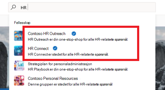 Bilde av søkeresultater som viser en blanding av offisielle og uoffisielle fellesskap