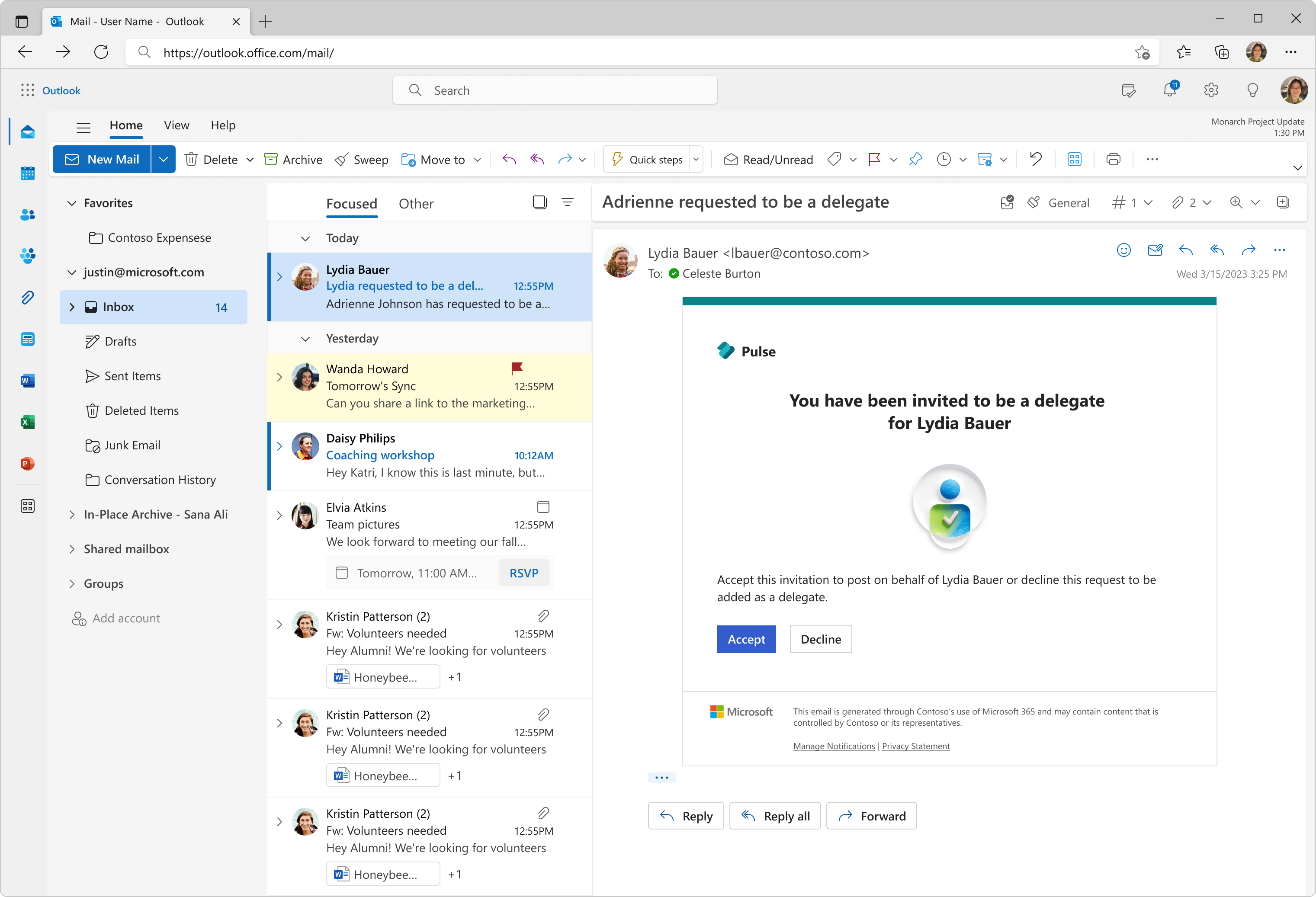 Delegaten kan invitere representanten til å få tilgang til og bruke Viva Pulse på deres vegne.