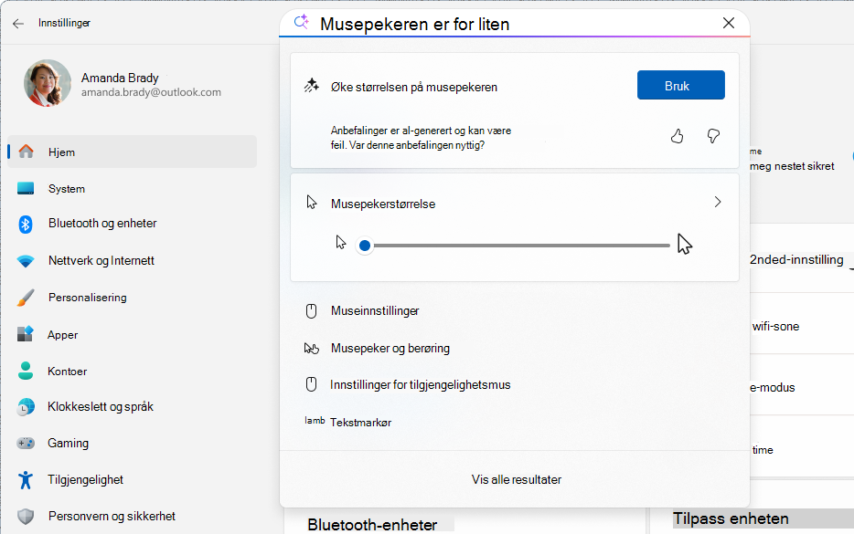 Skjermbilde av Innstillinger som viser et AI-basert søk ved hjelp av agenten.
