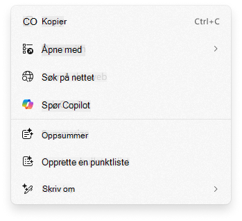 Skjermbilde av hurtigmenyen Klikk for å handle med Spør Copilot