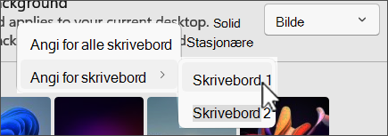 Skjermbilde for å vise flere skrivebordsvalg i bakgrunnen.