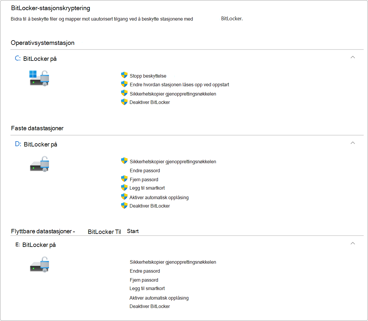 Skjermbilde av BitLocker-stasjonskryptering i Kontrollpanel.