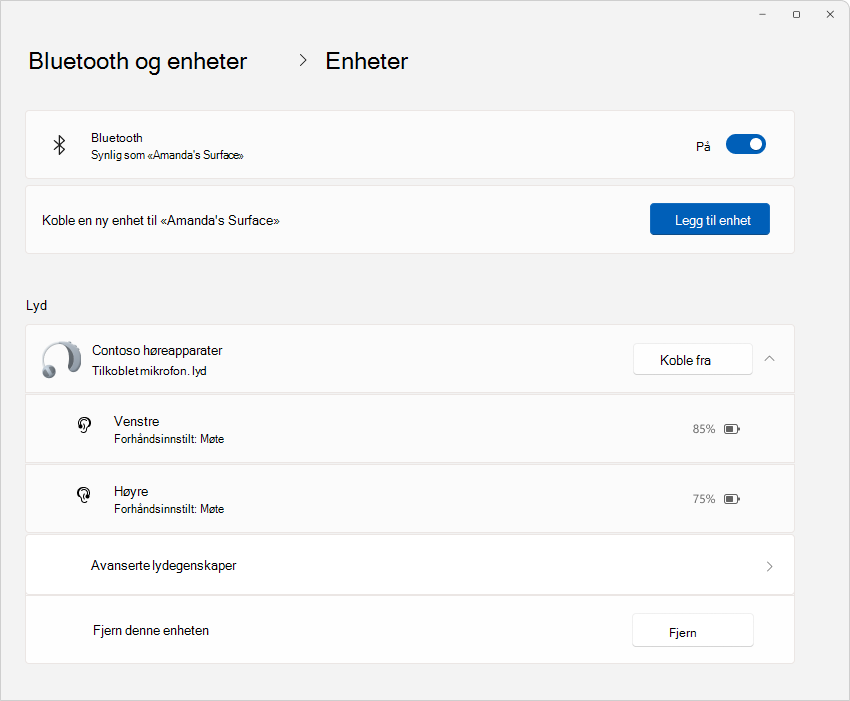 Skjermbilde av Innstillinger > Bluetooth & enheter som viser detaljene for høreapparater.