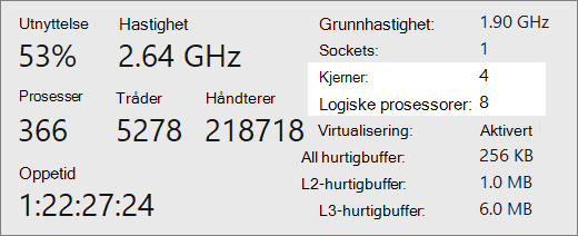 Rapportskjermen Kjerner og logiske prosessorer.