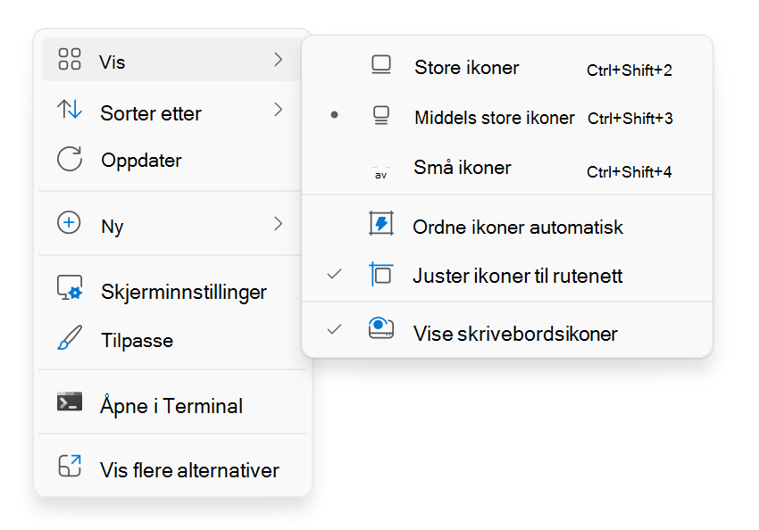 Skjermbilde av hurtigmenyen på skrivebordet som vises når du høyreklikker.