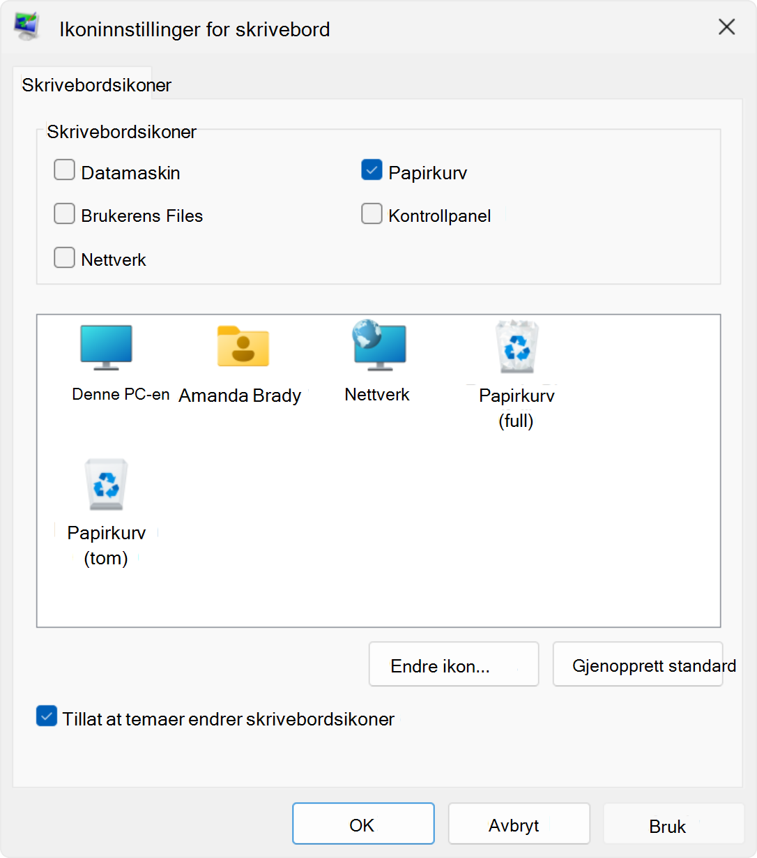 Skjermbilde av innstillingene for skrivebordsikonet i Windows.