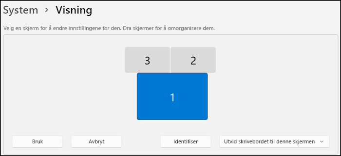 Viser delen av skjermskjermen som angir hvordan skjermene er ordnet. Teksten sier at du kan velge en skjerm for å endre innstillingene eller dra skjermer for å ordne dem.