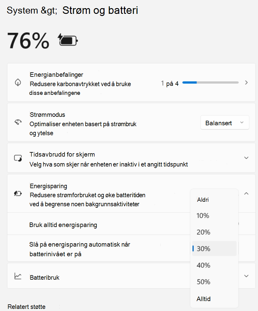 Skjermbilde av Innstillinger > System > Power og Battery > Energy Saver