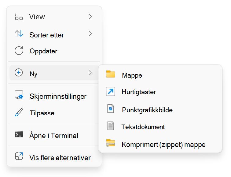 Skjermbilde av høyreklikk på > Ny.
