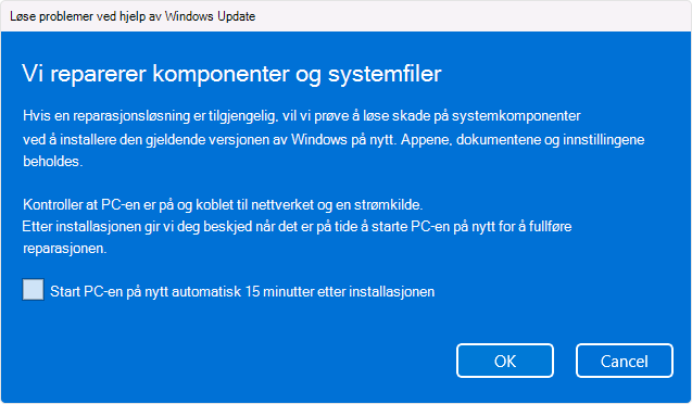 Skjermbilde av alternativet Windows Update installere på nytt.