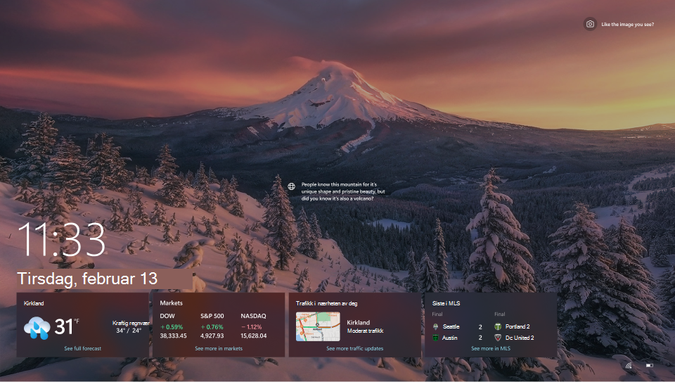 Skjermbilde av låseskjermen Windows 10.