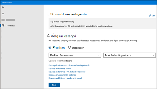 Ny dialogboks for tilbakemelding i Tilbakemeldingshub