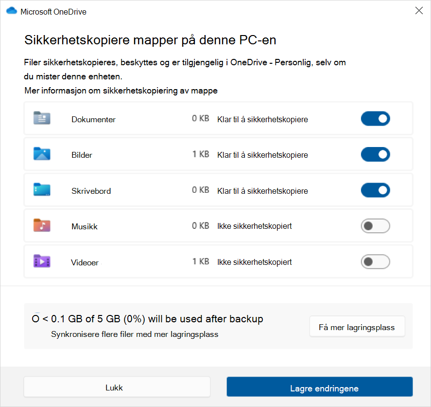 Skjermbilde av OneDrive-sikkerhetskopi i Windows 10.