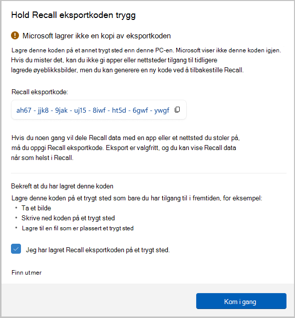 Skjermbilde av eksportkoden for Recall