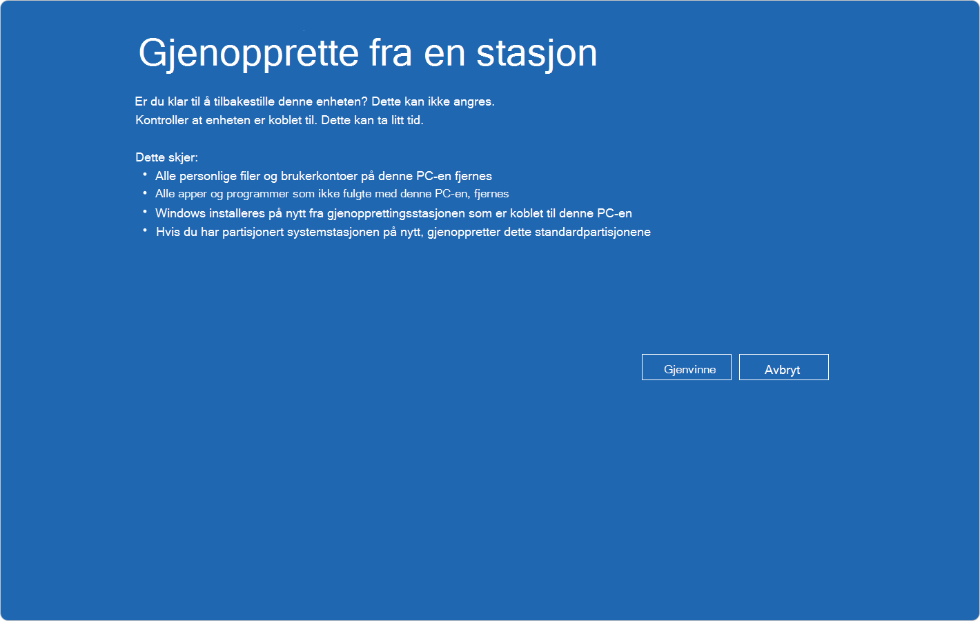 Skjermbilde av Windows RE som viser gjenopprettingen fra en stasjonsbekreftelse