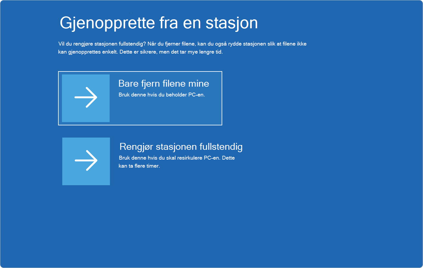 Skjermbilde av Windows RE som viser alternativene for å gjenopprette fra en stasjon