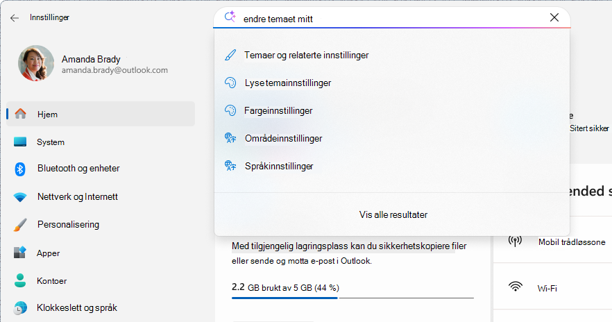 Skjermbilde av et søk i innstillinger.