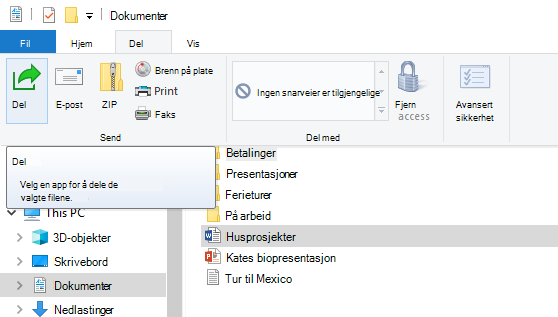 Her finner du Del-knappen i Filutforsker på Windows 10