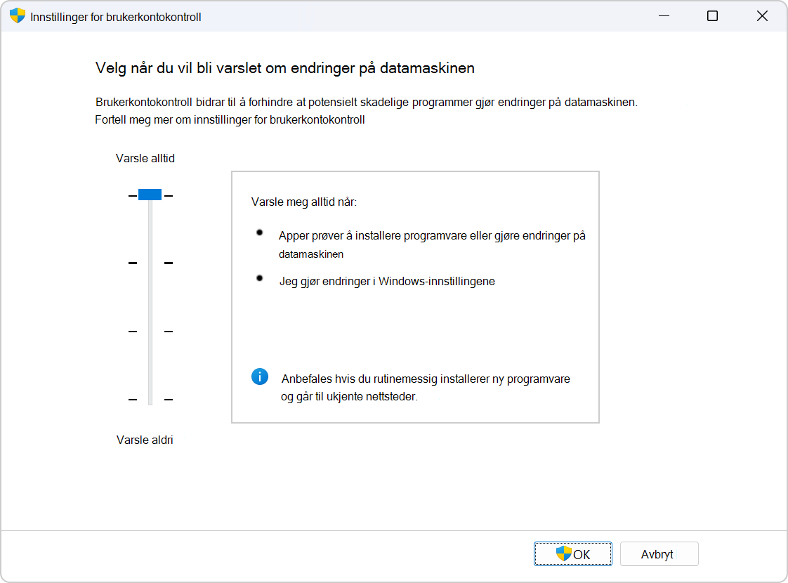Screenshot of the settings to configure UAC.