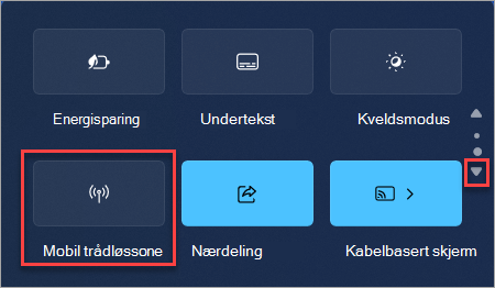 Slik finner du hurtighandlingen for mobil trådløssone i Windows 11 hurtiginnstillinger.