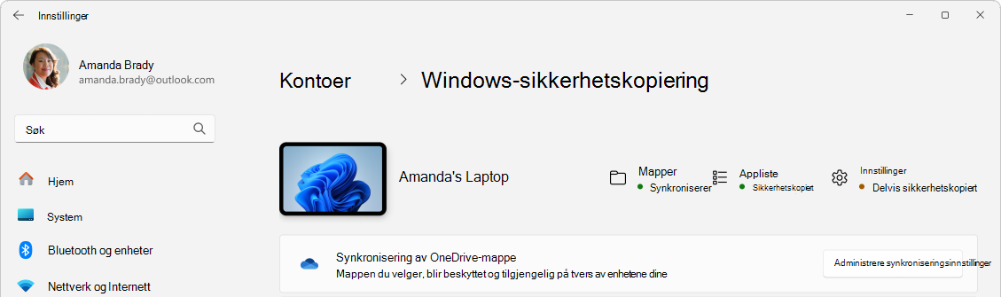 Skjermbilde av Innstillinger som viser windows-sikkerhetskopistatusen.