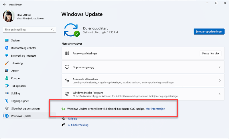 Meldingen som vises i Windows Update når du prioriterer installasjon av oppdateringer i bakgrunnen når du gjør det, kan føre til lavere karbonutslipp fordi en høyere andel elektrisitet kommer fra lavere karbonkilder på strømnettet.
