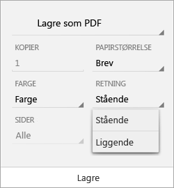 Utskriftsinnstillinger for Android med Retning-menyen åpen