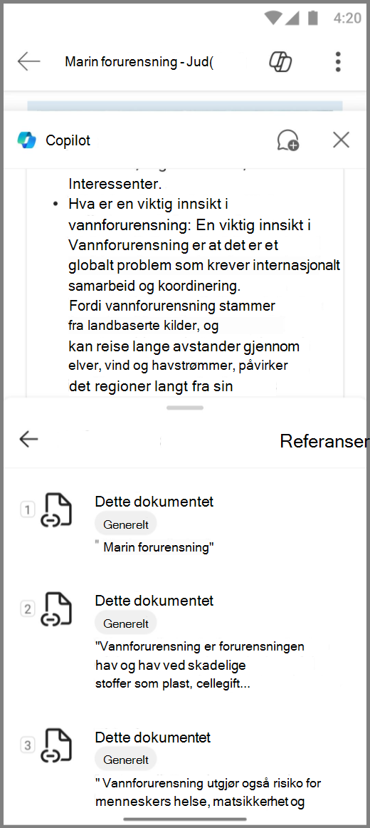 Skjermbilde av Copilot i Word på Android-enhet med referanser for Copilots svar