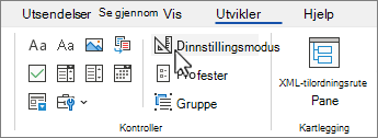 Utvikler-fanen med Utformingsmodus-knappen valgt