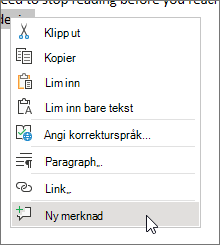 Velg Ny kommentar på hurtigmenyen